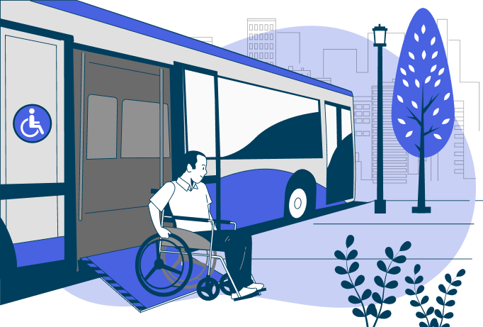 תחבורה ציבורית נגישה: אדם בכיסא גלגלים משתמש ברמפה כדי לעלות לאוטובוס.